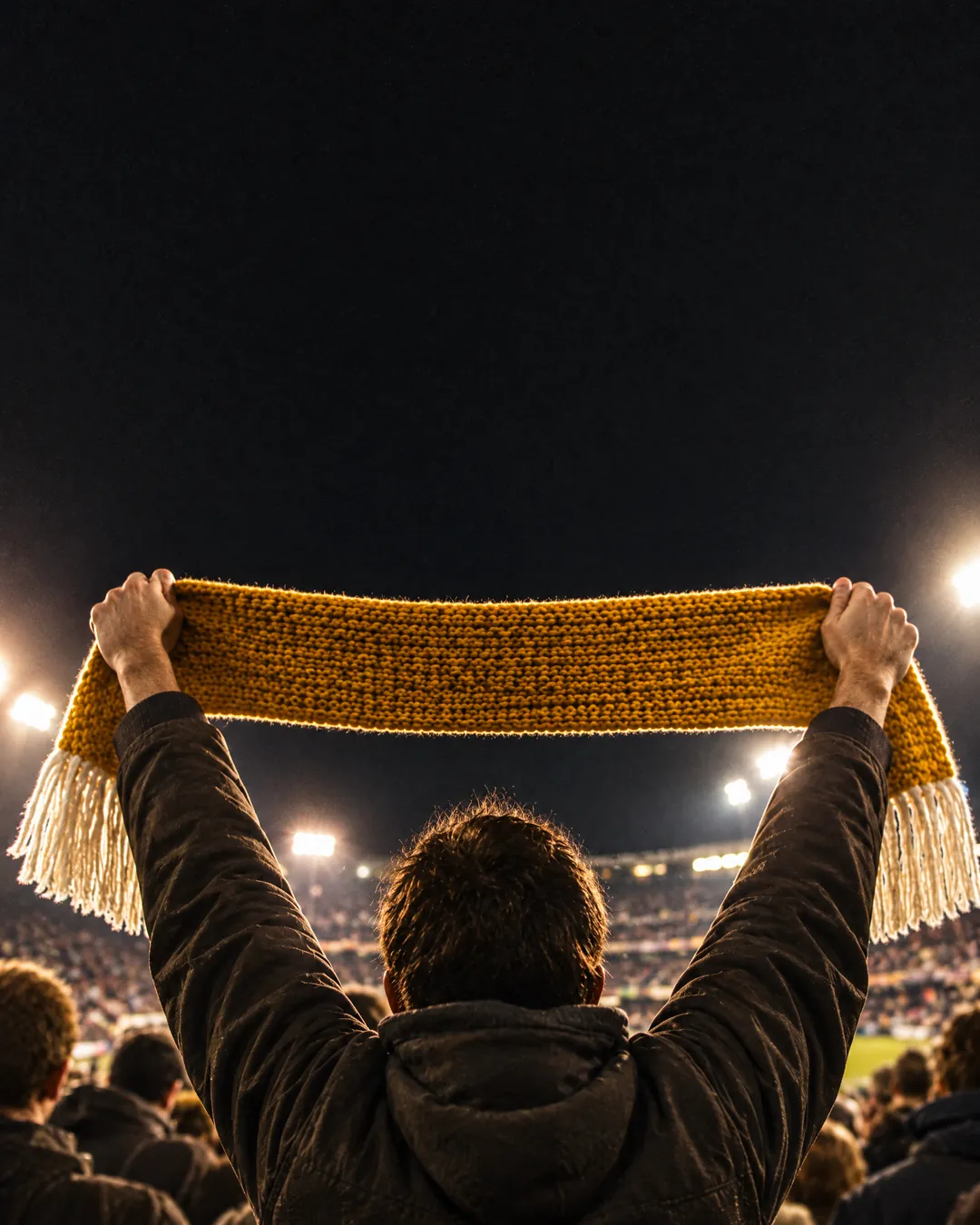 A fan holds a gold knitted scarf above his head under the floodlights