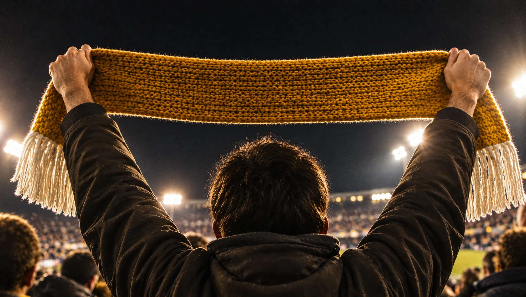 A fan holds a gold knitted scarf above his head under the floodlights